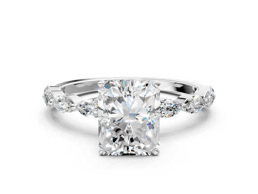 White gold Radiant Cut Diamond Ring with Marquise Side Stones and Prong Setting