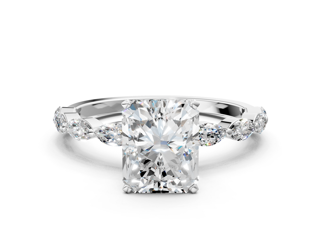 Platinum 7.03 Carat F VVS2 Radiant Diamond Ring with Marquise Side Stones and Prong Setting