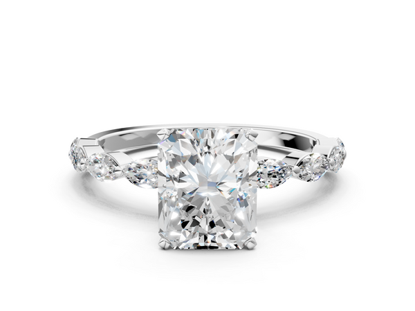 Platinum 7.03 Carat F VVS2 Radiant Diamond Ring with Marquise Side Stones and Prong Setting