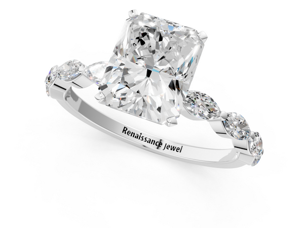 Platinum 7.03 Carat F VVS2 Radiant Diamond Ring with Marquise Side Stones and Prong Setting
