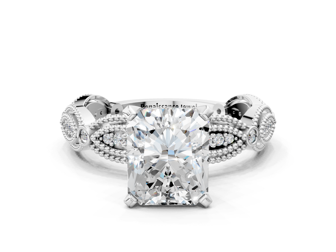 White gold Radiant Solitaire Milgrain Diamond Engagement Ring with Bezel and Marquise Band_148