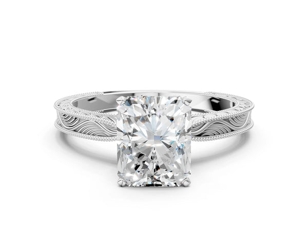 White gold Radiant Solitaire Milgrain Engraved Band with Four-Prong Setting