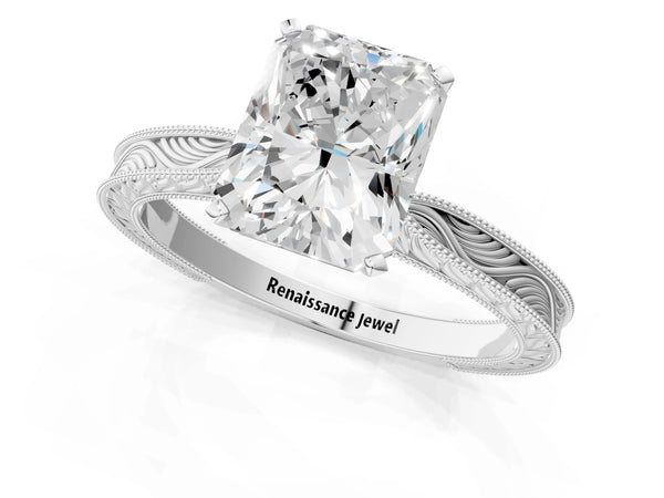 Platinum Radiant Cut Vintage Solitaire Engagement Ring Setting with Milgrain Engraved Band