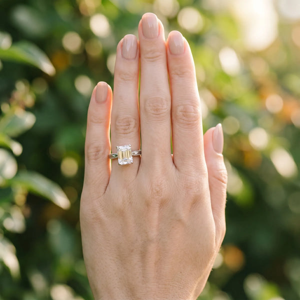 White gold Radiant Solitaire Milgrain Engraved Band with Four-Prong Setting