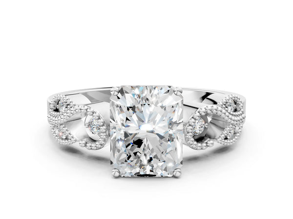 White gold Radiant Solitaire Milgrain Leaf Band with Prong Setting
