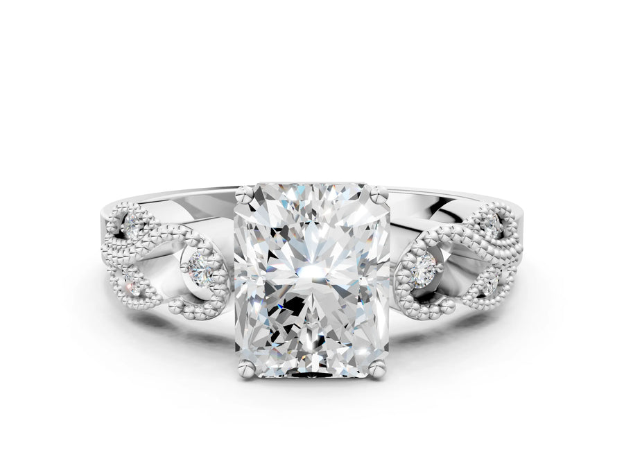 White gold Radiant Solitaire Milgrain Leaf Band with Prong Setting