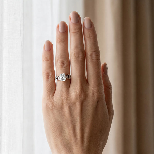 White gold Radiant Solitaire Milgrain Leaf Band with Prong Setting