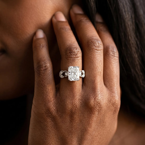 White gold Radiant Solitaire Milgrain Leaf Band with Prong Setting