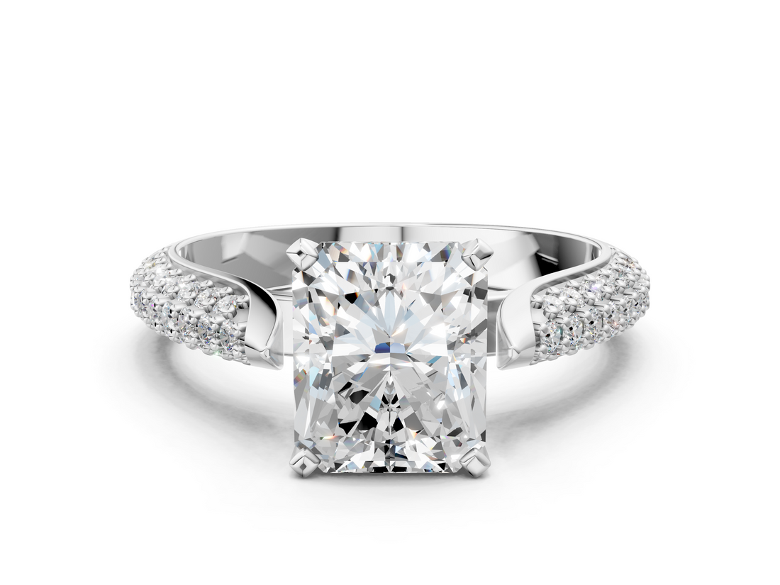 White gold Radiant Solitaire Pavé Diamond Engagement Ring with Four-Prong Setting_163