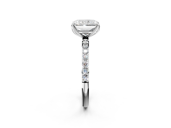 Silver 1.06 Carat E VS1 Radiant Diamond Solitaire Engagement Ring with Pavé Band and Prong Setting