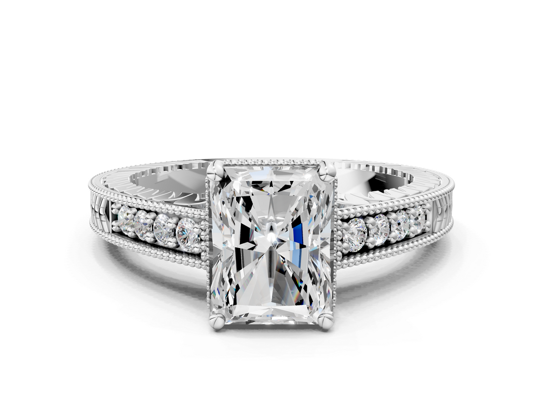 White gold Radiant Solitaire Pavé Diamond Milgrain Engagement Ring with Four-Prong Setting_21