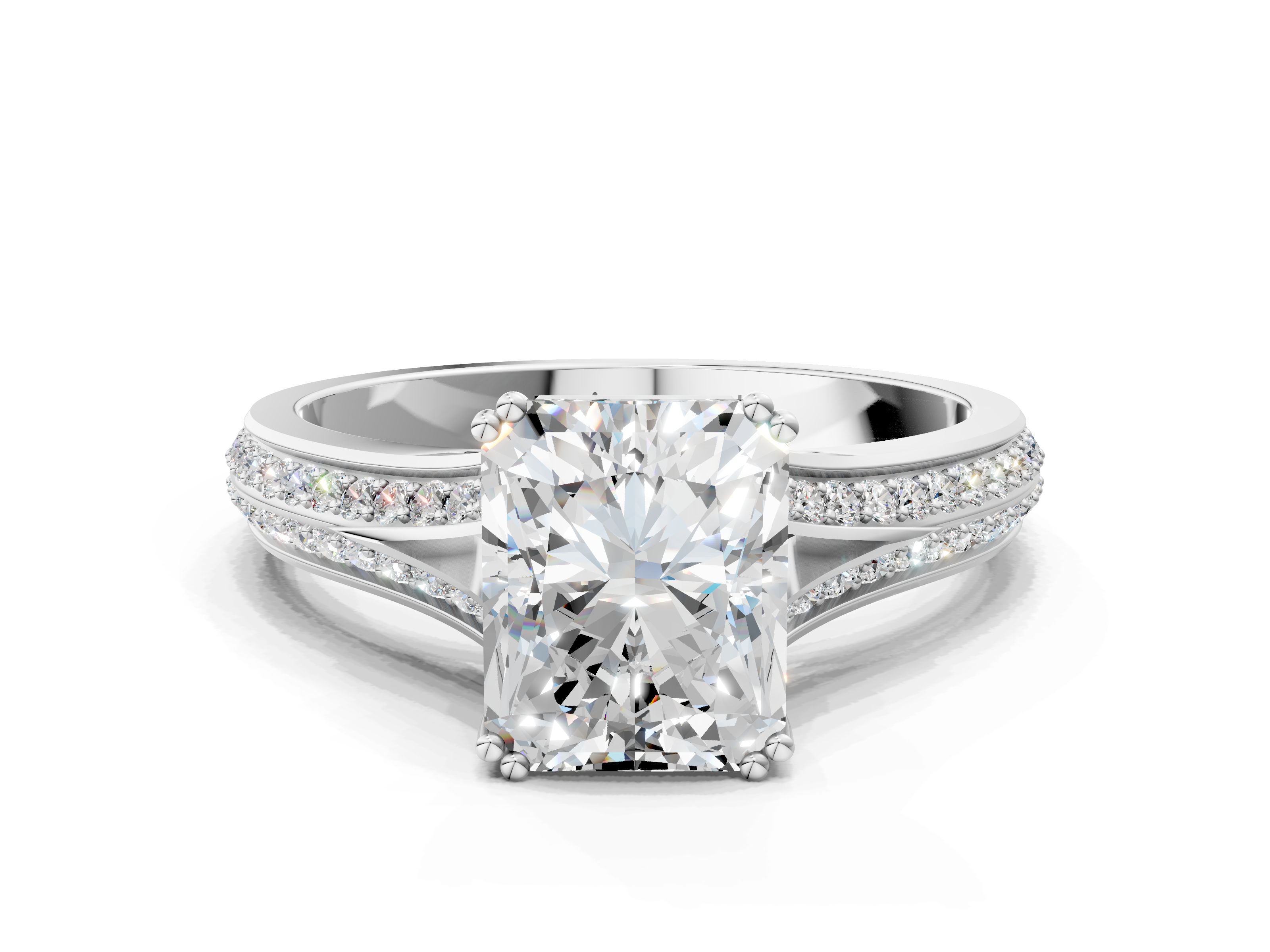 Silver Radiant Cut Diamond Split Shank Engagement Ring with Pavé Band
