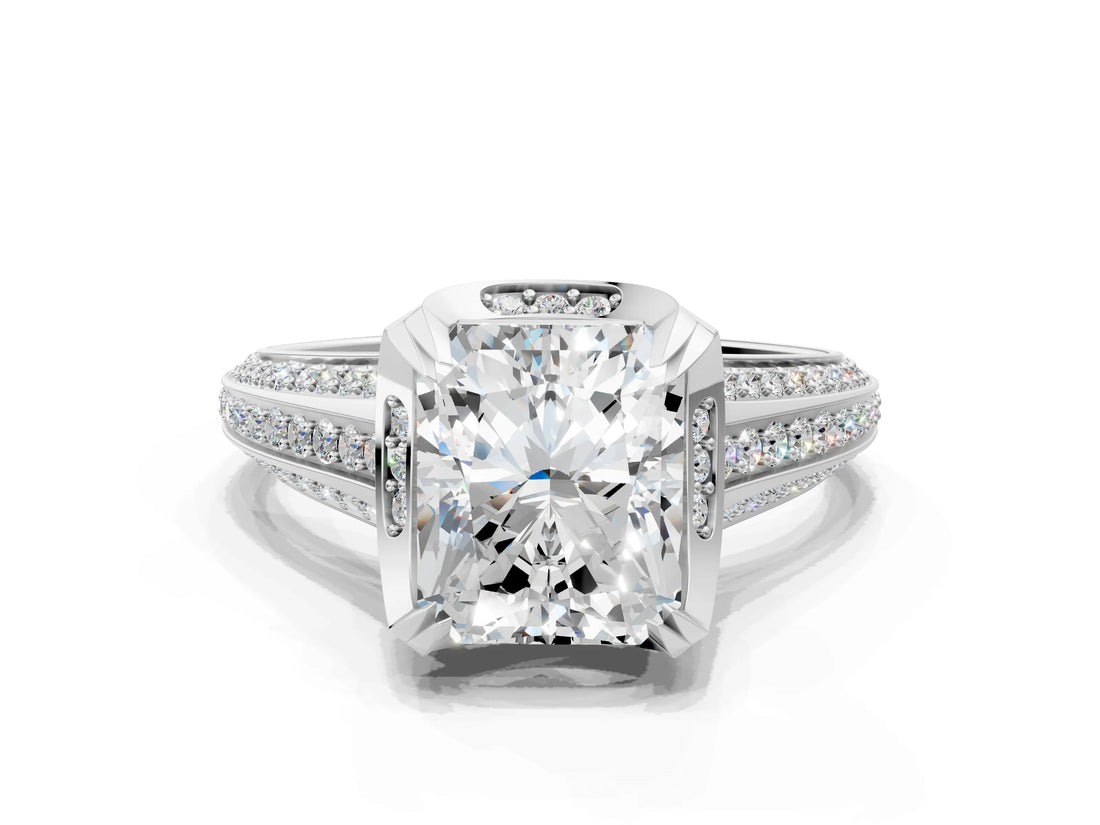 White gold Radiant Solitaire Pave Split Shank Ring with Four-Prong Setting_87