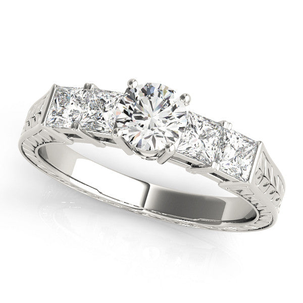 White gold Radiant Solitaire Princess Side Stone Engraved Band Prong Setting Ring 1