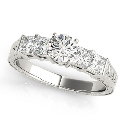 White gold Radiant Solitaire Princess Side Stone Engraved Band Prong Setting Ring 1