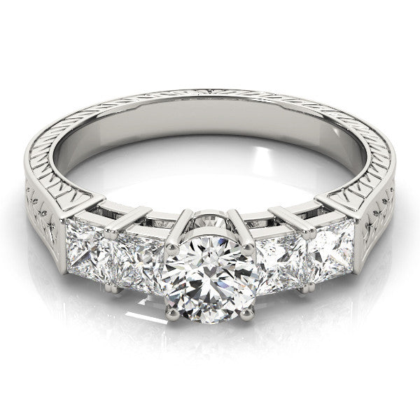 White gold Round Solitaire Princess Side Stone Engraved Band Prong Setting Ring