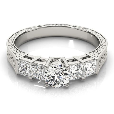 White gold Radiant Solitaire Princess Side Stone Engraved Band Prong Setting Ring 2