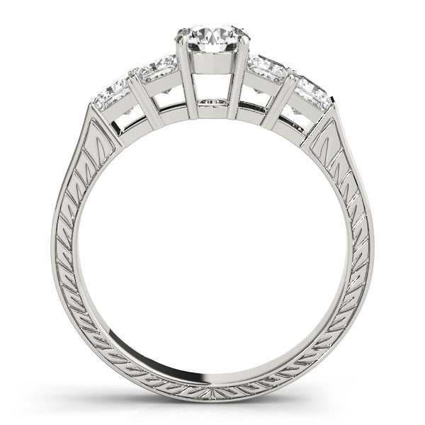 White gold Round Solitaire Princess Side Stone Engraved Band Prong Setting Ring