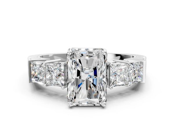 White gold Radiant Solitaire Princess Side Stone Engraved Band Prong Setting Ring
