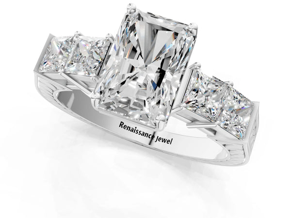 White gold Radiant Solitaire Princess Side Stone Engraved Band Prong Setting Ring