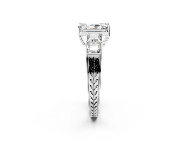White gold Radiant Solitaire Princess Side Stone Engraved Band Prong Setting Ring