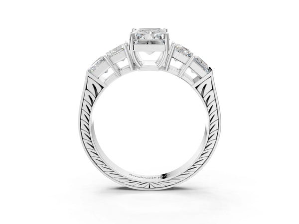 White gold Radiant Solitaire Princess Side Stone Engraved Band Prong Setting Ring