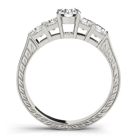 White gold Radiant Solitaire Princess Side Stone Engraved Band Prong Setting Ring