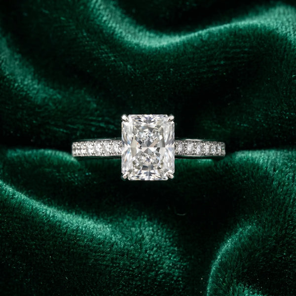 White gold Radiant Solitaire Prong Set Diamond Engagement Ring with Pave Band