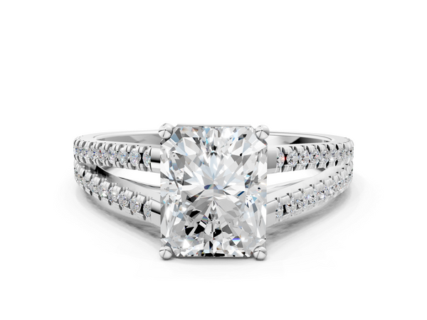 White Gold Radiant Cut Split Shank Solitaire Engagement Ring Setting with Double Pave Strands