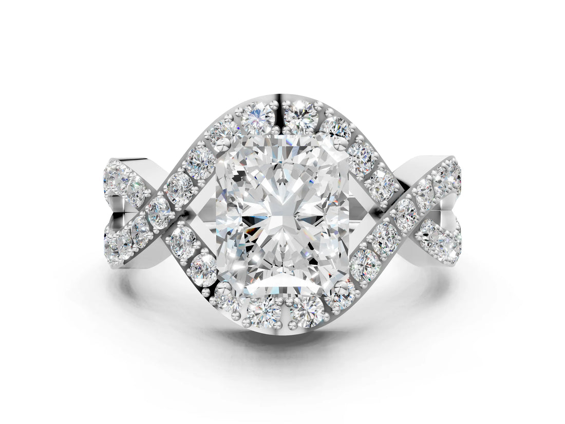 White gold Radiant Solitaire Twist Band Pavé Diamond Engagement Ring_76