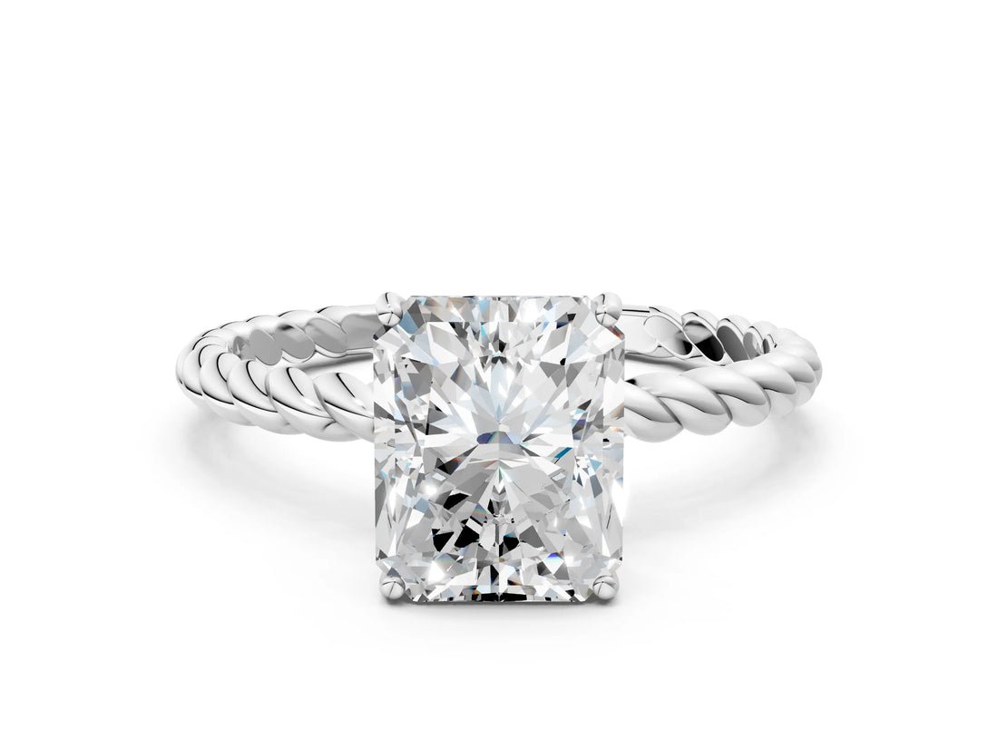 White gold Radiant Solitaire Twist Band Ring with Four-Prong Setting_12