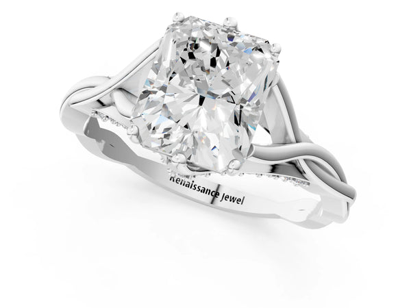 White Gold Radiant Cut Twisted Solitaire Engagement Ring Setting with Pave Shoulders and Gallery