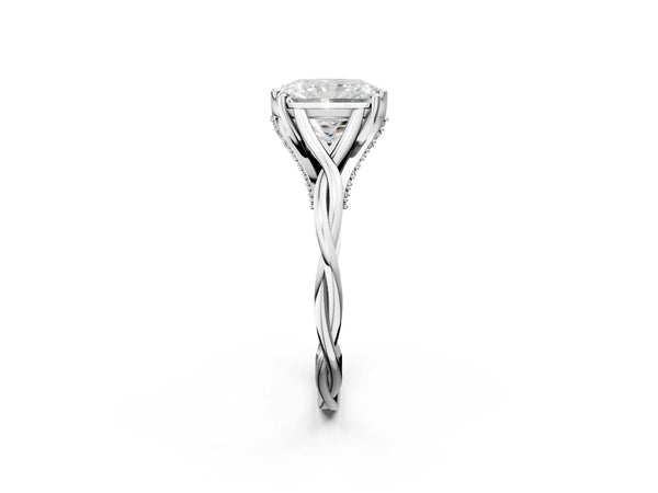 White Gold Radiant Cut Twisted Solitaire Engagement Ring Setting with Pave Shoulders and Gallery