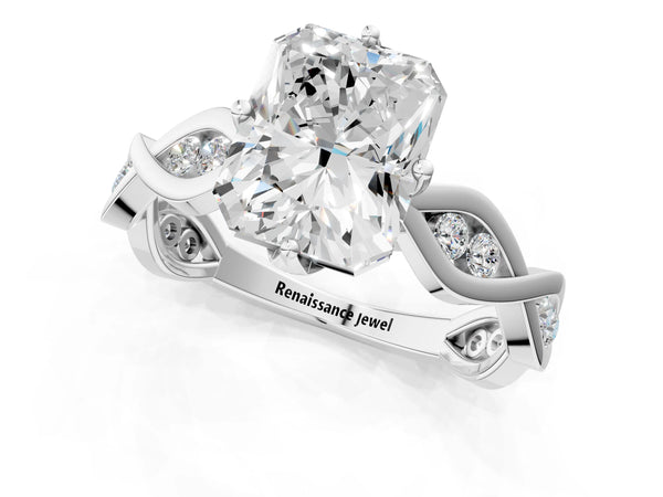 White gold Radiant Solitaire Twist Band with Leaf Prong Setting
