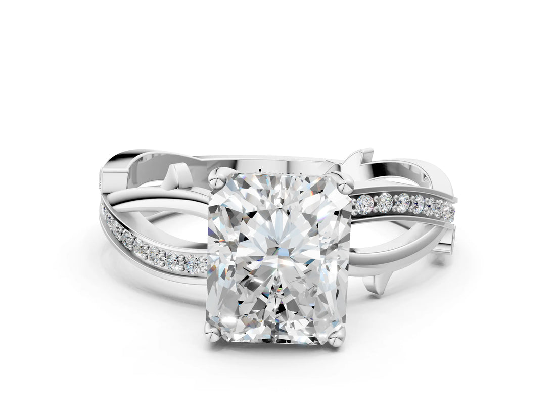 White gold Radiant Solitaire Twist Band with Pavé Accents and Four-Prong Setting_20