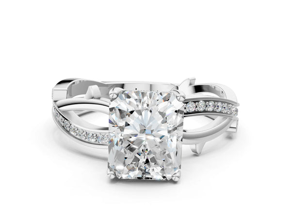 White gold Radiant Solitaire Twist Band with Pavé Accents and Four-Prong Setting