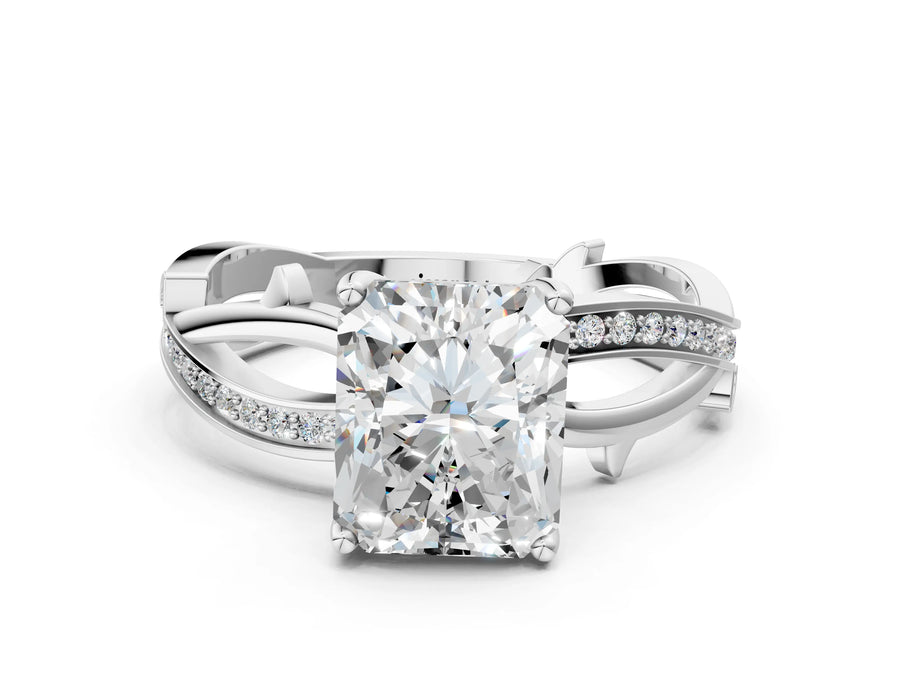 White gold Radiant Solitaire Twist Band with Pavé Accents and Four-Prong Setting