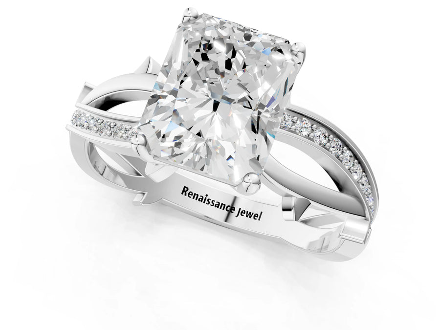White gold Radiant Solitaire Twist Band with Pavé Accents and Four-Prong Setting