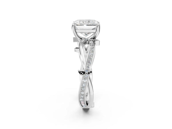 White gold Radiant Solitaire Twist Band with Pavé Accents and Four-Prong Setting