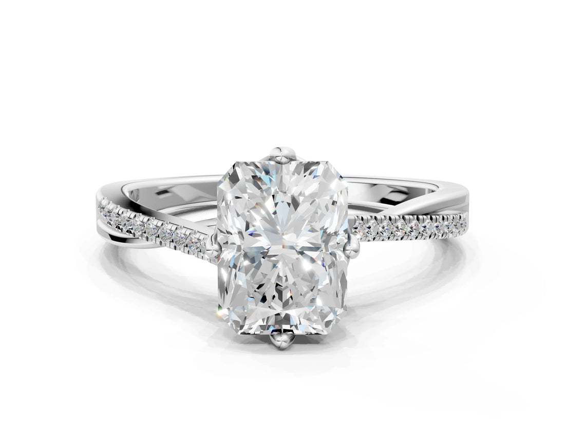 White gold Radiant Solitaire Twist Band with Pavé Diamonds and Four-Prong Setting_57
