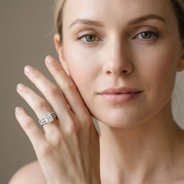 White gold Radiant Solitaire Twist Band with Pavé Setting and Four-Prong Setting