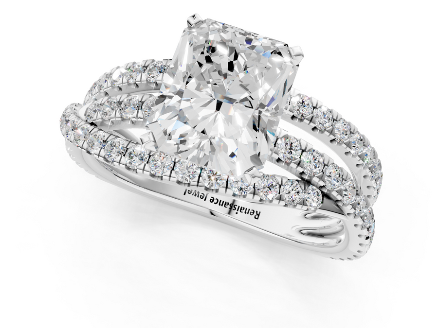 White gold Radiant Solitaire Twist Band with Pavé Setting and Four-Prong Setting