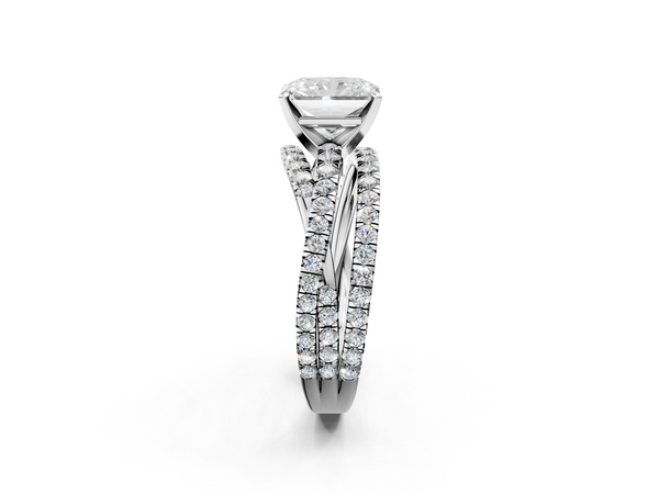 White gold Radiant Solitaire Twist Band with Pavé Setting and Four-Prong Setting