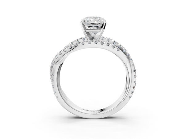 White gold Radiant Solitaire Twist Band with Pavé Setting and Four-Prong Setting