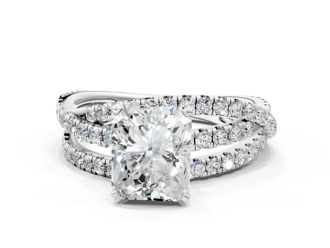 White gold Radiant Solitaire Twist Band with Pavé Setting and Four-Prong Setting_157