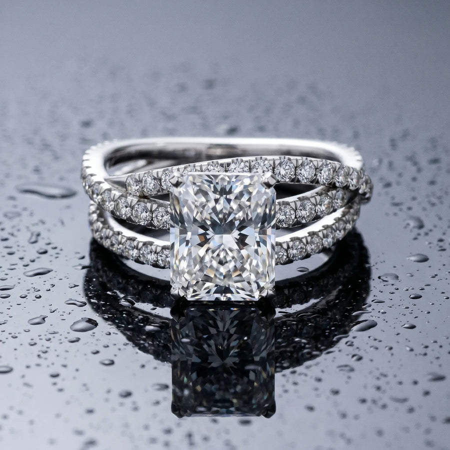 White gold Radiant Solitaire Twist Band with Pavé Setting and Four-Prong Setting