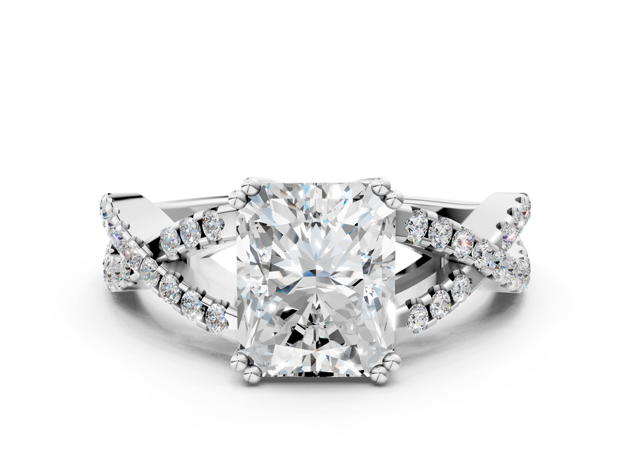 White gold Radiant Cut Diamond Solitaire Ring with Four-Prong Setting and Twisted Pavé Band