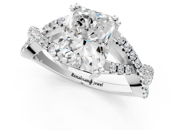White gold Radiant Cut Diamond Solitaire Ring with Four-Prong Setting and Twisted Pavé Band