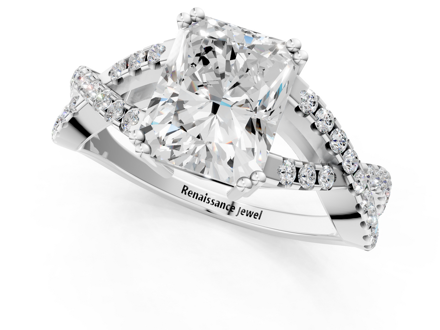 White gold Radiant Cut Diamond Solitaire Ring with Four-Prong Setting and Twisted Pavé Band