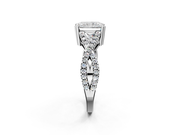 White gold Radiant Cut Diamond Solitaire Ring with Four-Prong Setting and Twisted Pavé Band